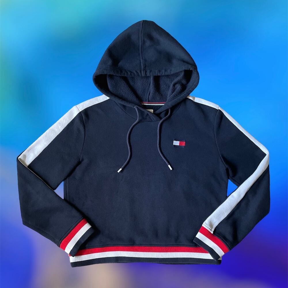 Tommy Hilfiger | Navy Embroidered Flag Logo Cropped Hoodie (S)